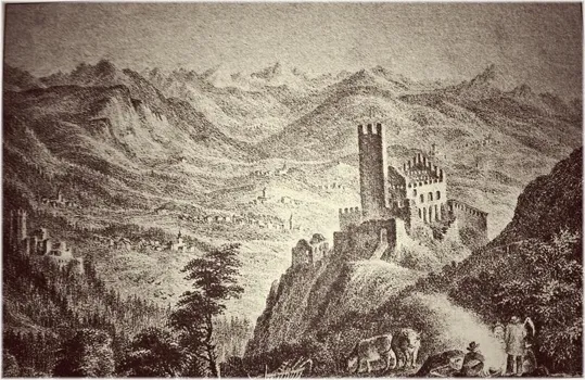 L'antico castello Belfort in una stampa dell'Ottocento, quello a sinistra é Castel Sporo