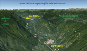 Veduta del Trincerone di Grigno attraverso la Valsugana - Disegno elaborato dal Team Montagnando su base di Google Earth